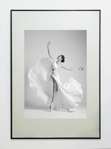 Ballerina, print, white dress, movement, en-pointe, grace.