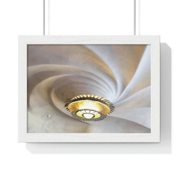 Spiraling ceiling and chandelier from Casa Batllo by Gaudi in Barcelona, framed print for sale