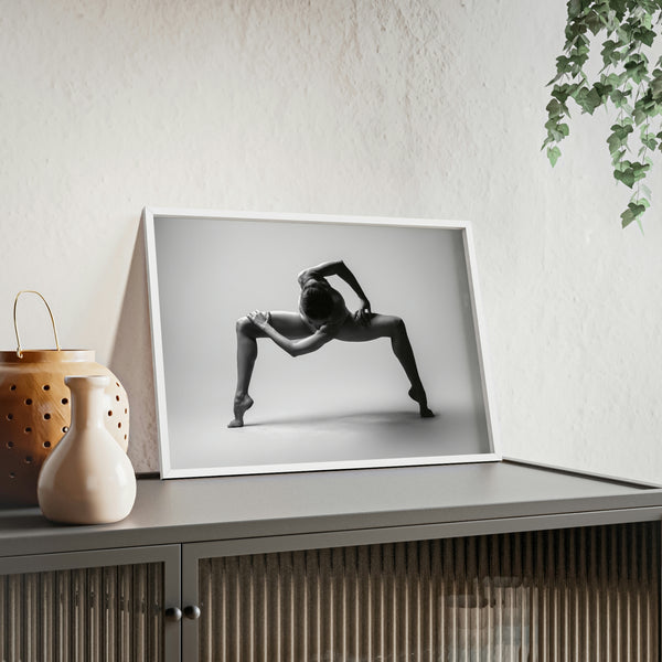 A black and white print of a twisted body with wooden frame 2