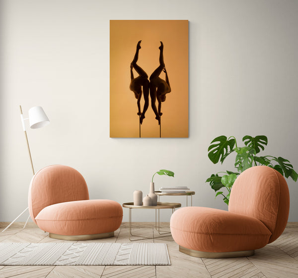 Couple, gymnast, mirroring, split, flexibility, orange light, sexy, legs. Art photo print on the lounge coffee room wall.
