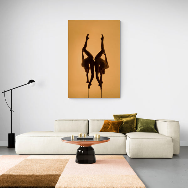 Couple, gymnast, mirroring, split, flexibility, orange light, sexy, legs. Art photo print on the living room wall.