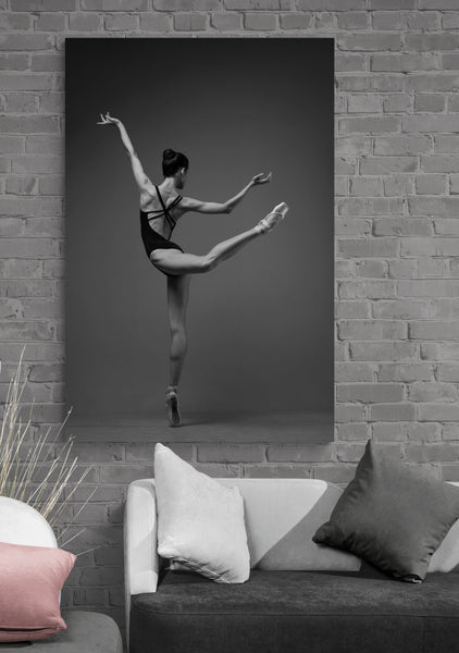 Extra Large Artwork Print on a living room wall decor. Ballerina, en pointe, dancing, attitude. Photo print studio, back shoot, colors black and white.