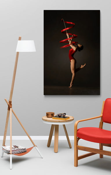Female gymnast, red bodysuit, practicing, ribbon, red. Art print on a lounge modern space.